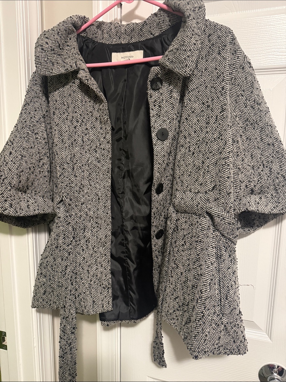 Merona Black & White Herringbone Pea Coat with Belt